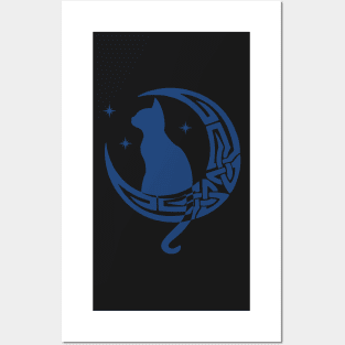 Blue Pagan Celtic Moon Cat Posters and Art